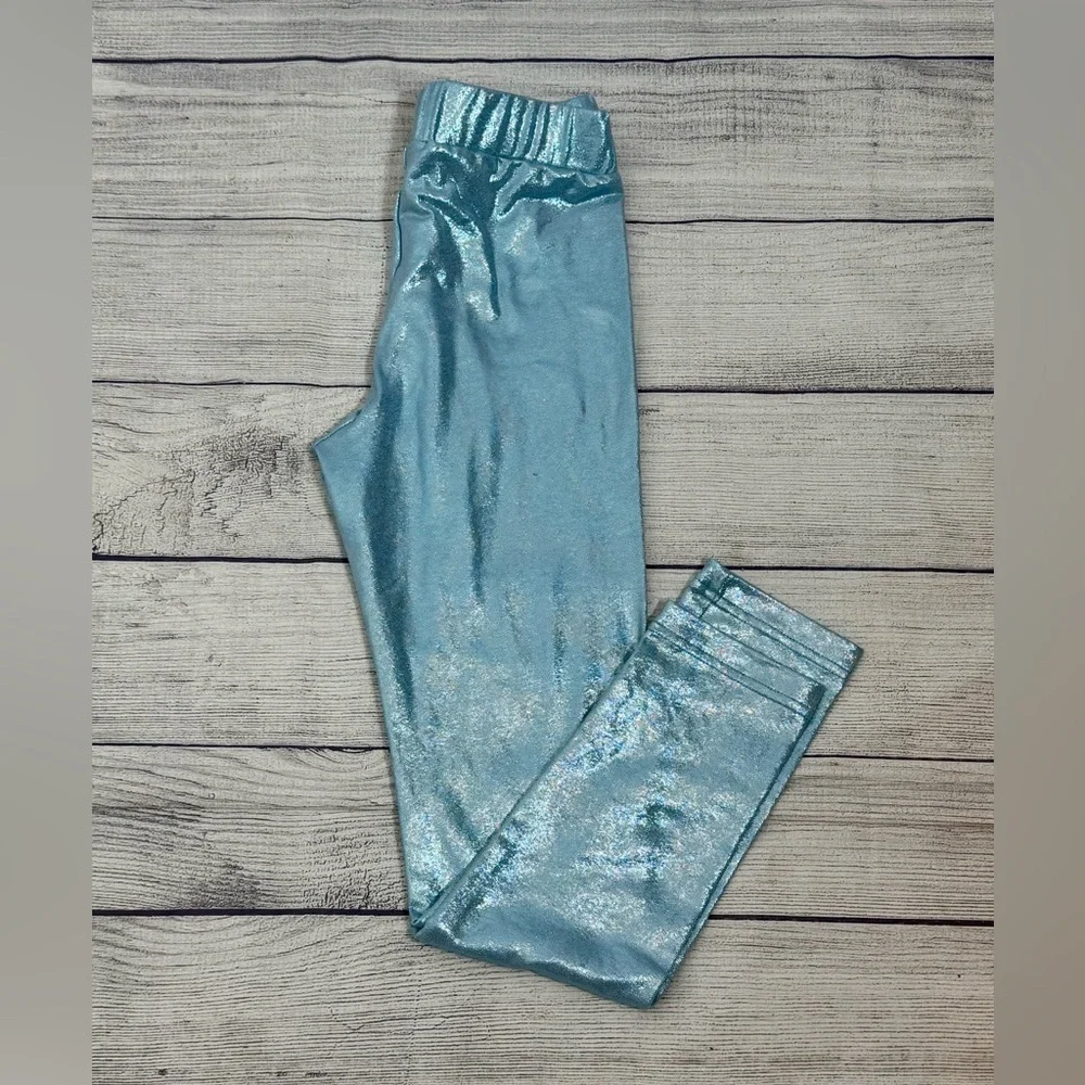 Girls Metallic Blue Shimmer Leggings Size L 10–12 NWT Stretch Elastic Waist